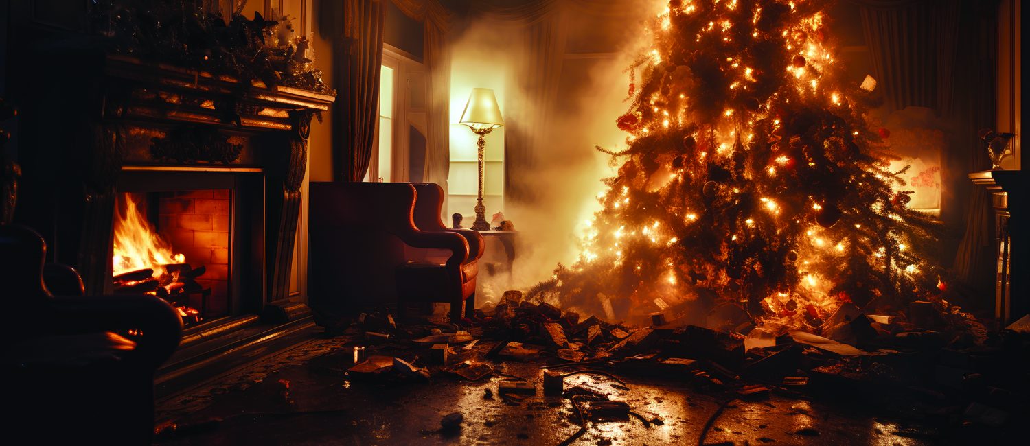 Dramatic image with burning Christmas tree in living room with flames. House with burning decorations disaster. Importance of fire safety during the holiday season when using candles in dry fir.
