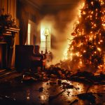 Dramatic image with burning Christmas tree in living room with flames. House with burning decorations disaster. Importance of fire safety during the holiday season when using candles in dry fir.